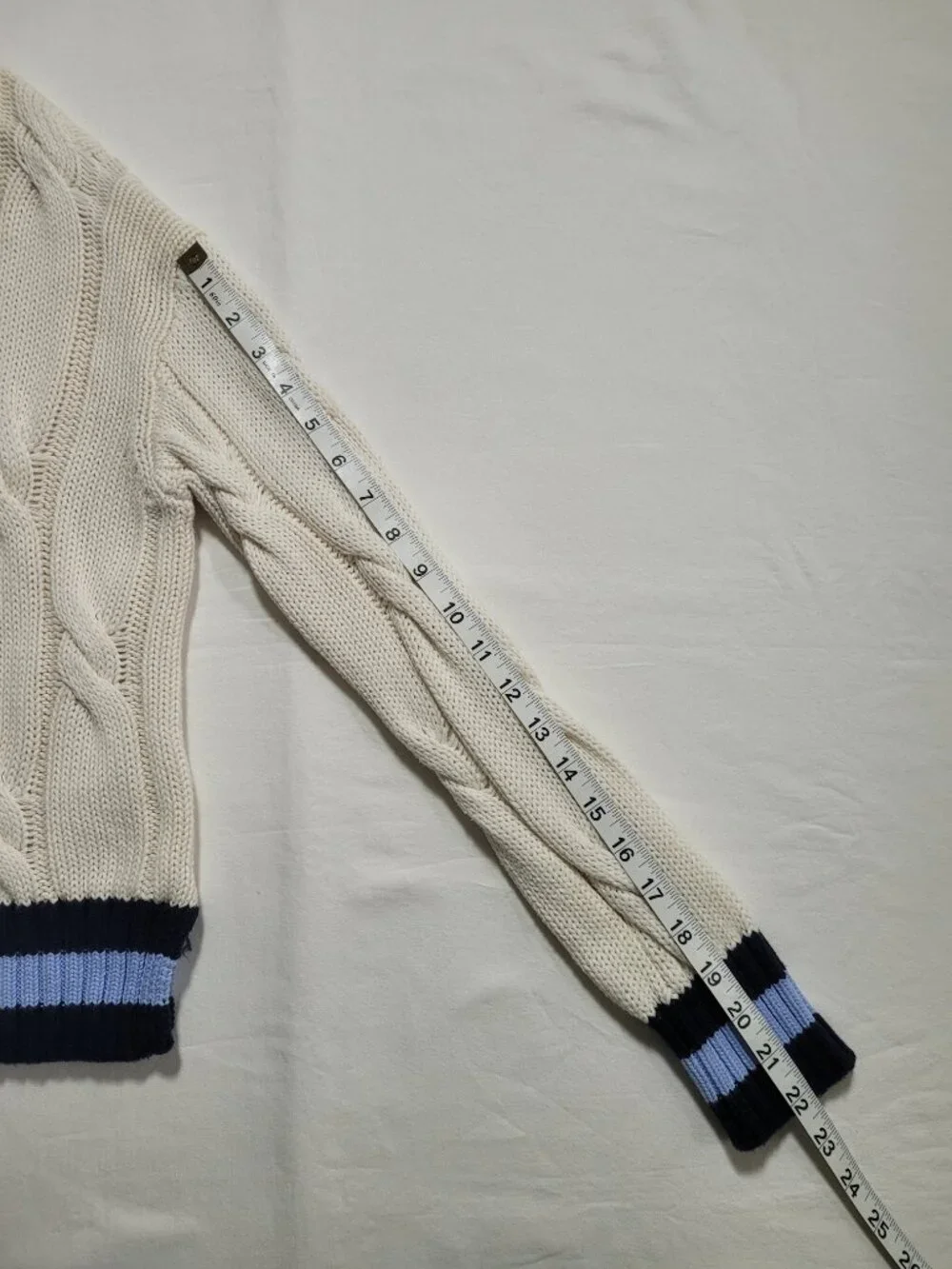 Aerie Striped V Neck Cable Knit Tennis Sweater Ivory Blue XSmall Preppy FLAW